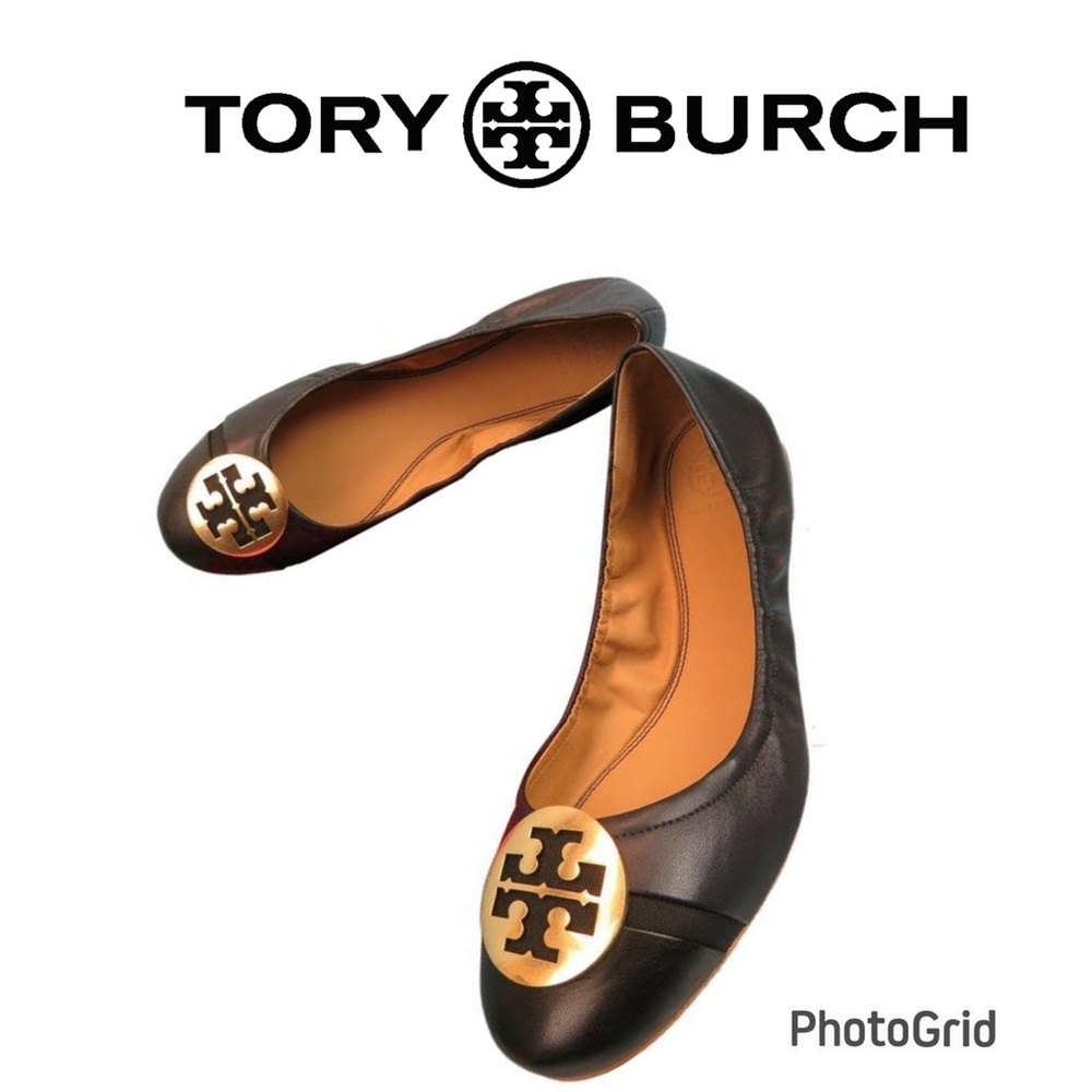 LIKE NEW Tory Burch Minnie Cap Toe Ballet Flats Perfect Black /Gold Size 6.5